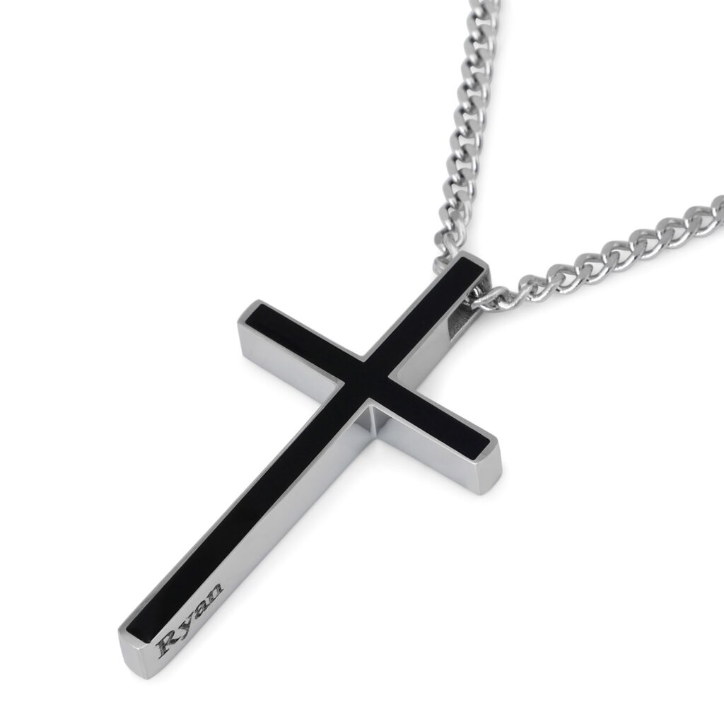 Men's Custom Name Cross Necklace in Stainless Steel and Black Enamel