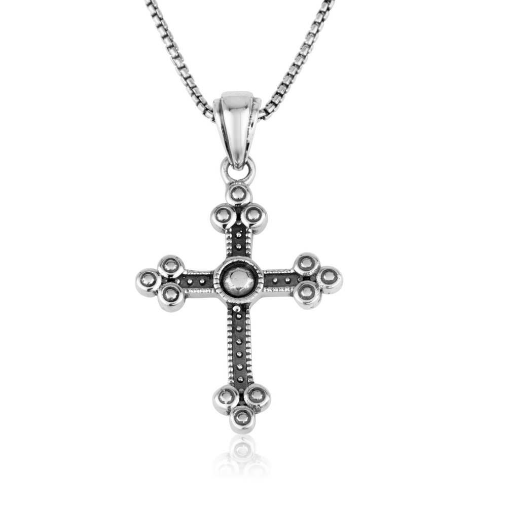 Budded Gothic Cross Necklace in Oxidised 925 Sterling Silver