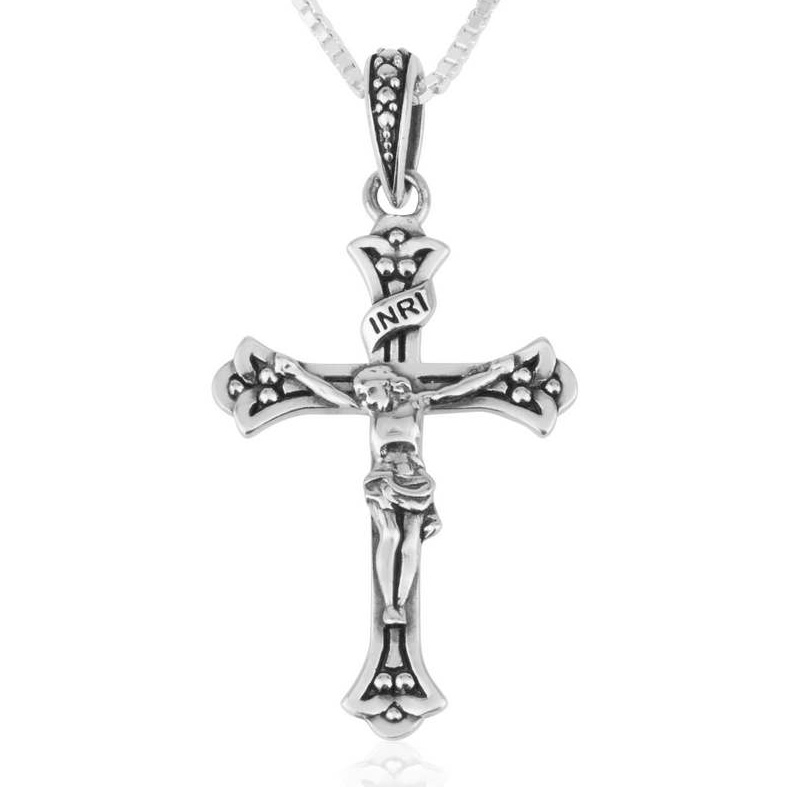MyCross Large 925 Sterling Silver INRI Crucifix Cross Necklace with Dotted Design