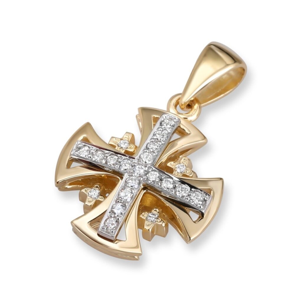 Flared Jerusalem Cross Pendant Necklace with 21 Diamonds in 14K Gold