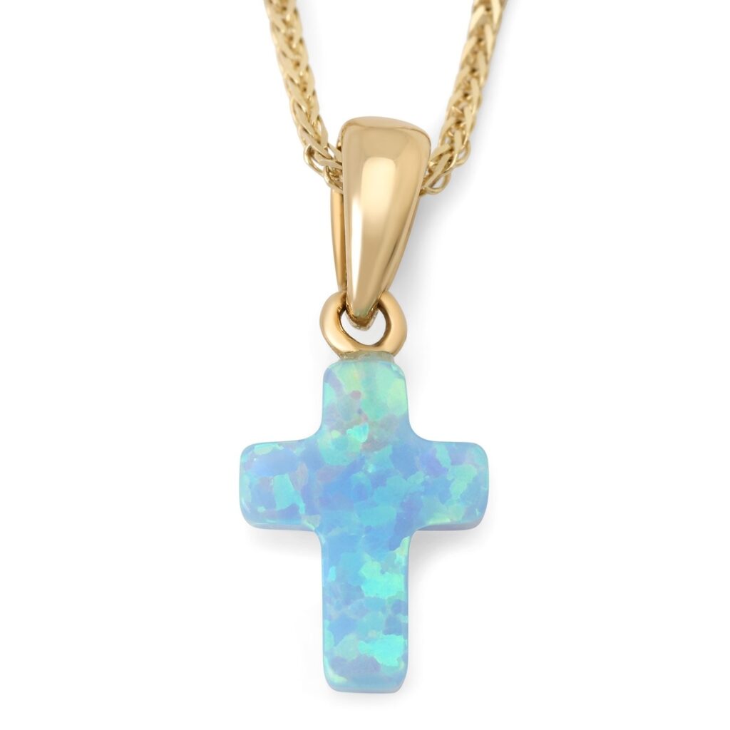 14K Gold and Blue Opal Latin Cross Pendant Necklace
