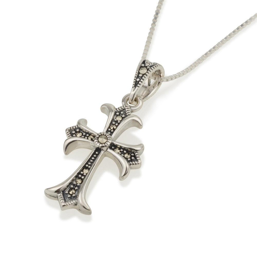 Women's 925 Sterling Silver Fleur-de-lis Cross Necklace with Marcasite